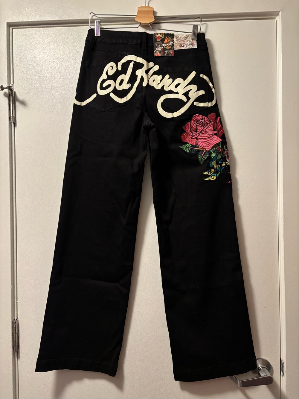 NWT Ed Hardy Pink Rose Skeleton Embroidered Patch Wide Leg Black Denim Jeans 28